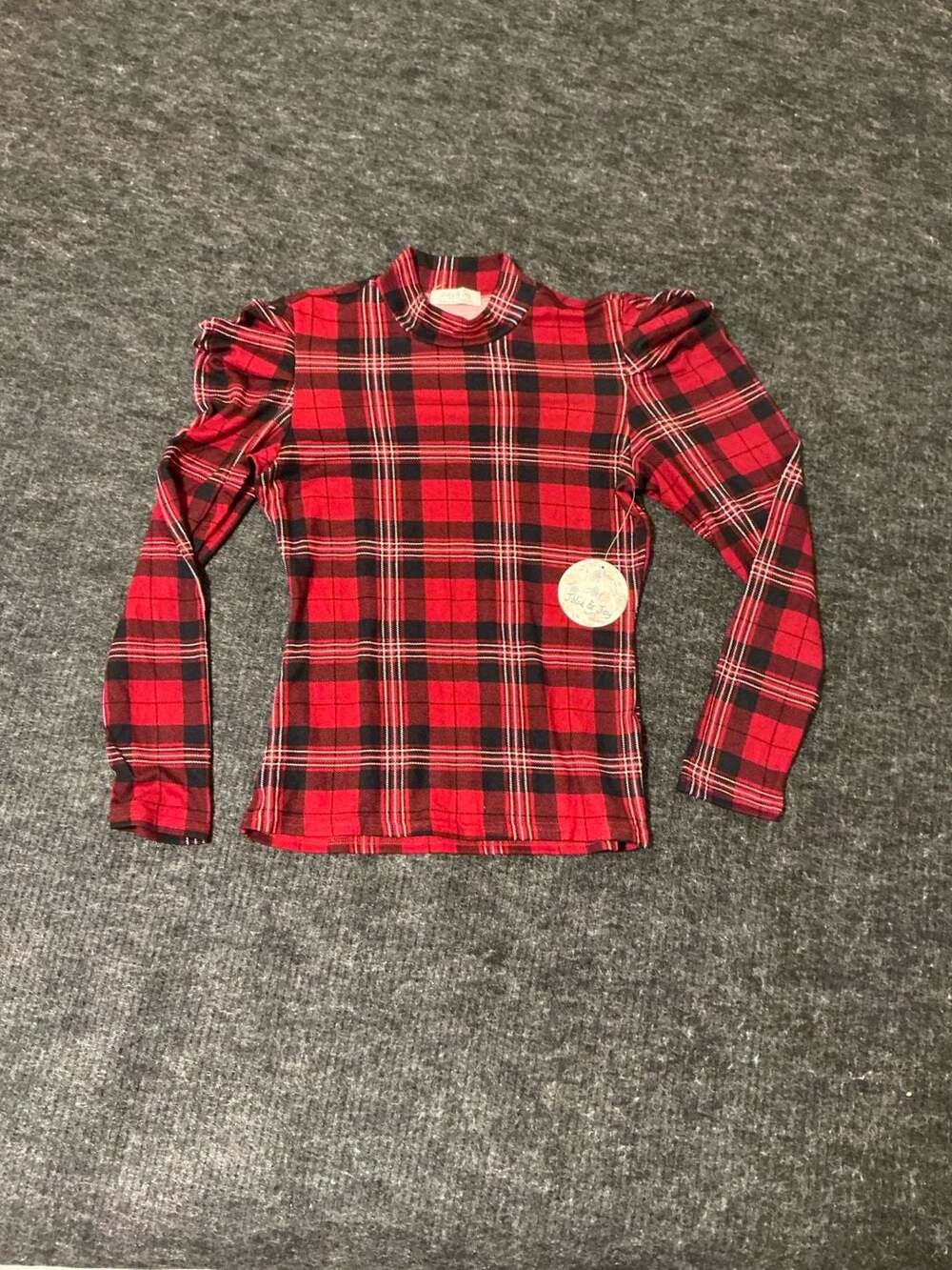 Jolie & Joy Mock Neck Puff Sleeve Tartan Plaid Top Red Medium